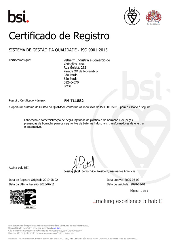 Certificado ISO 9001 2015 Vetherm Indústria e Comércio de Vedações Eireli