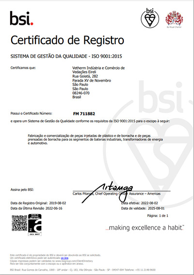 Certificado ISO 9001 2015 Vetherm Indústria e Comércio de Vedações Eireli